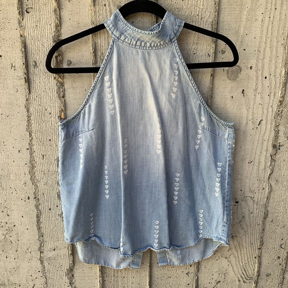 Cloth & Stone Chambray High Neck Halter Top Split Back Geometric Western Rodeo S